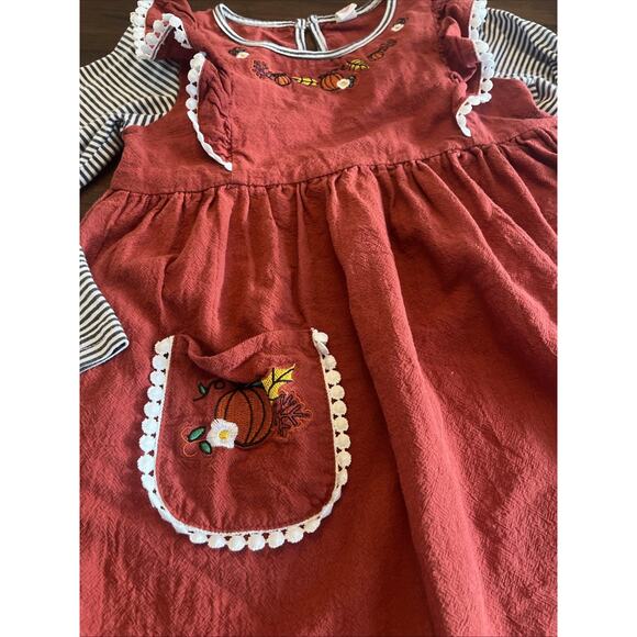 Girls Fall Dress Embroidered Faux Jumper Rust + Bl & Wh Sleeve, Cute Fit 4/5 - Picture 2 of 12
